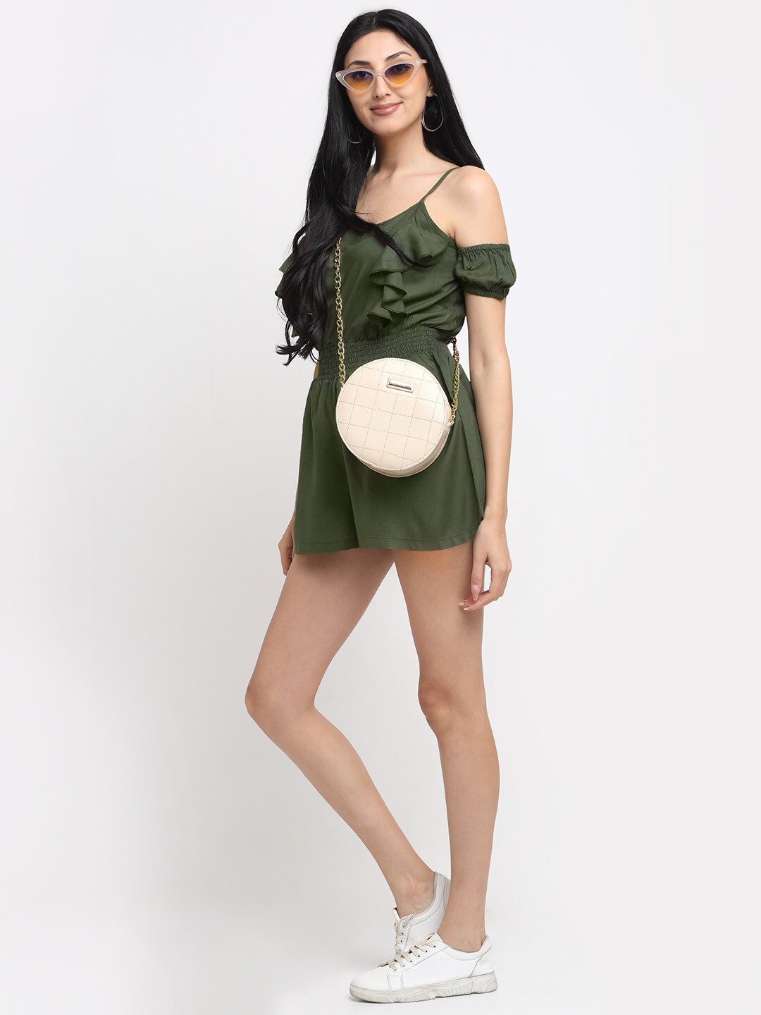 

NEUDIS Women Olive Green Solid Playsuit with Ruffle