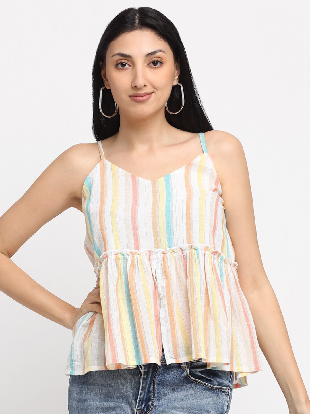 

NEUDIS Women Off White Cotton Striped Empire Top, Multi