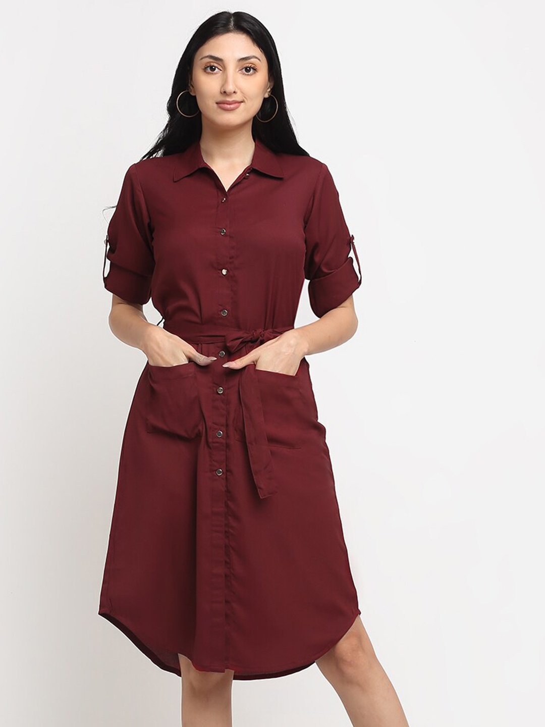 

NEUDIS Maroon Solid Midi Shirt Dress