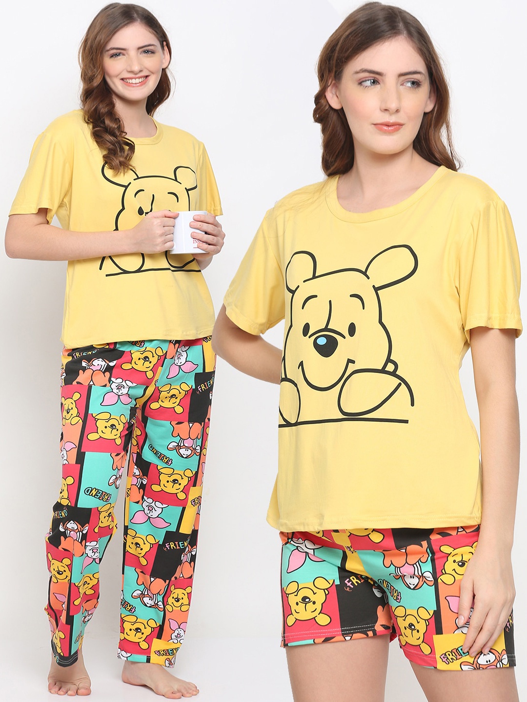 

GRACIT Women 3 Pc Yellow & Red Printed Night suit