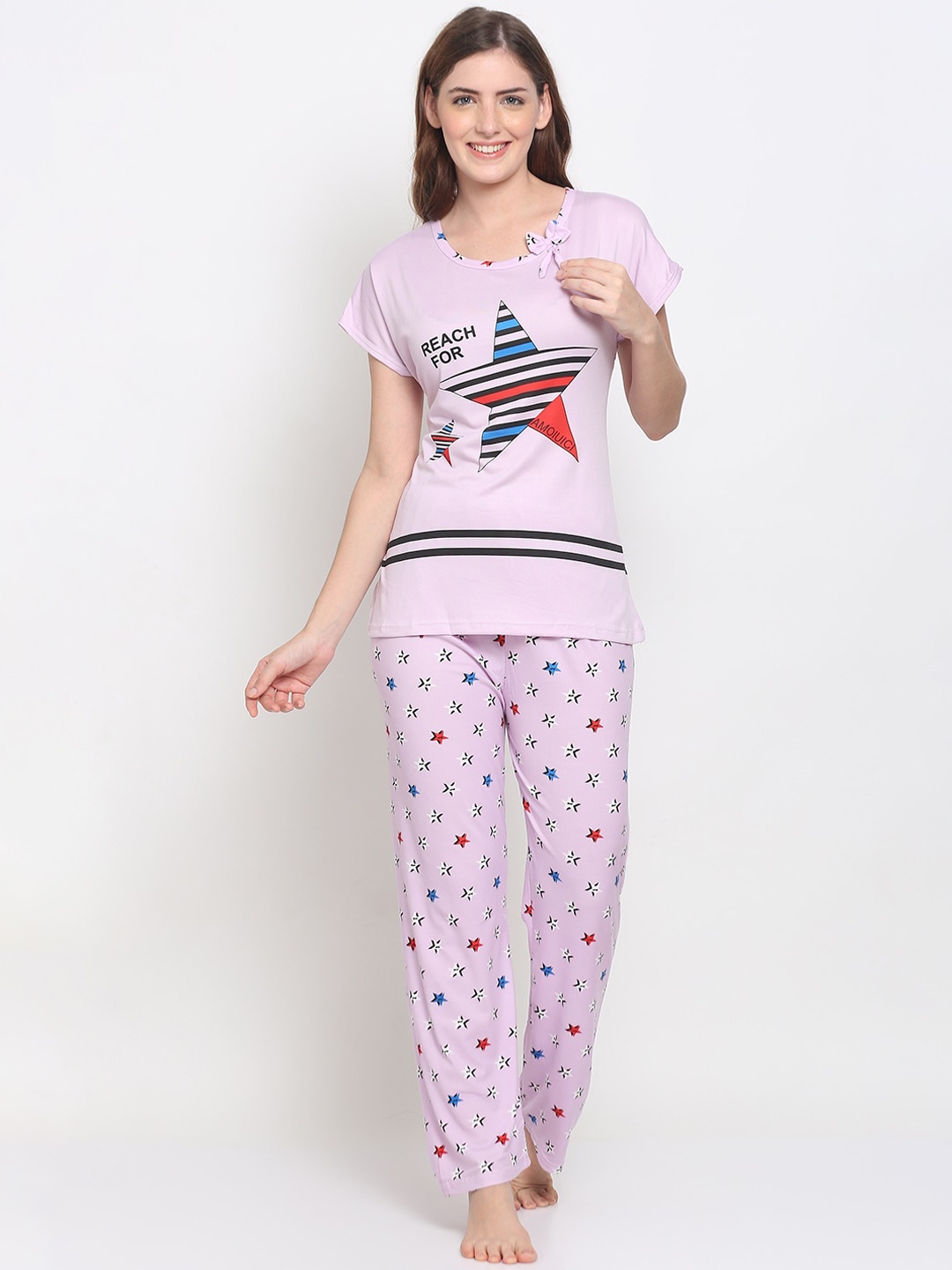 

GRACIT Women Pink & Blue Printed Night Suit