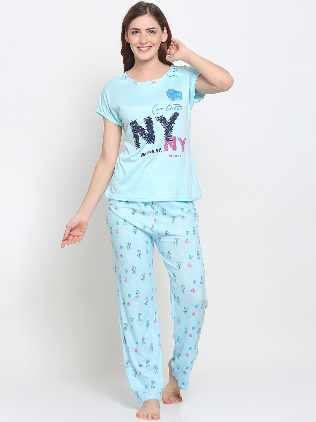 

GRACIT Women Sea Green Printed 2 Piece Cotton Blend Night suit
