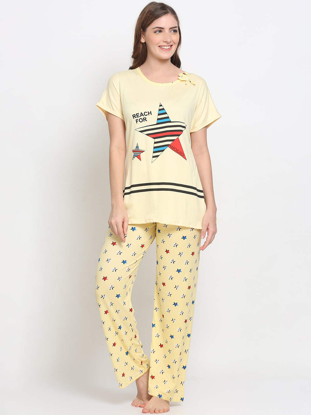 

GRACIT Women Yellow & Blue Printed Night Suit