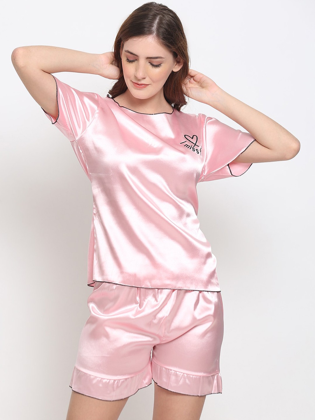 

GRACIT Women Pink Printed Satin Night suit