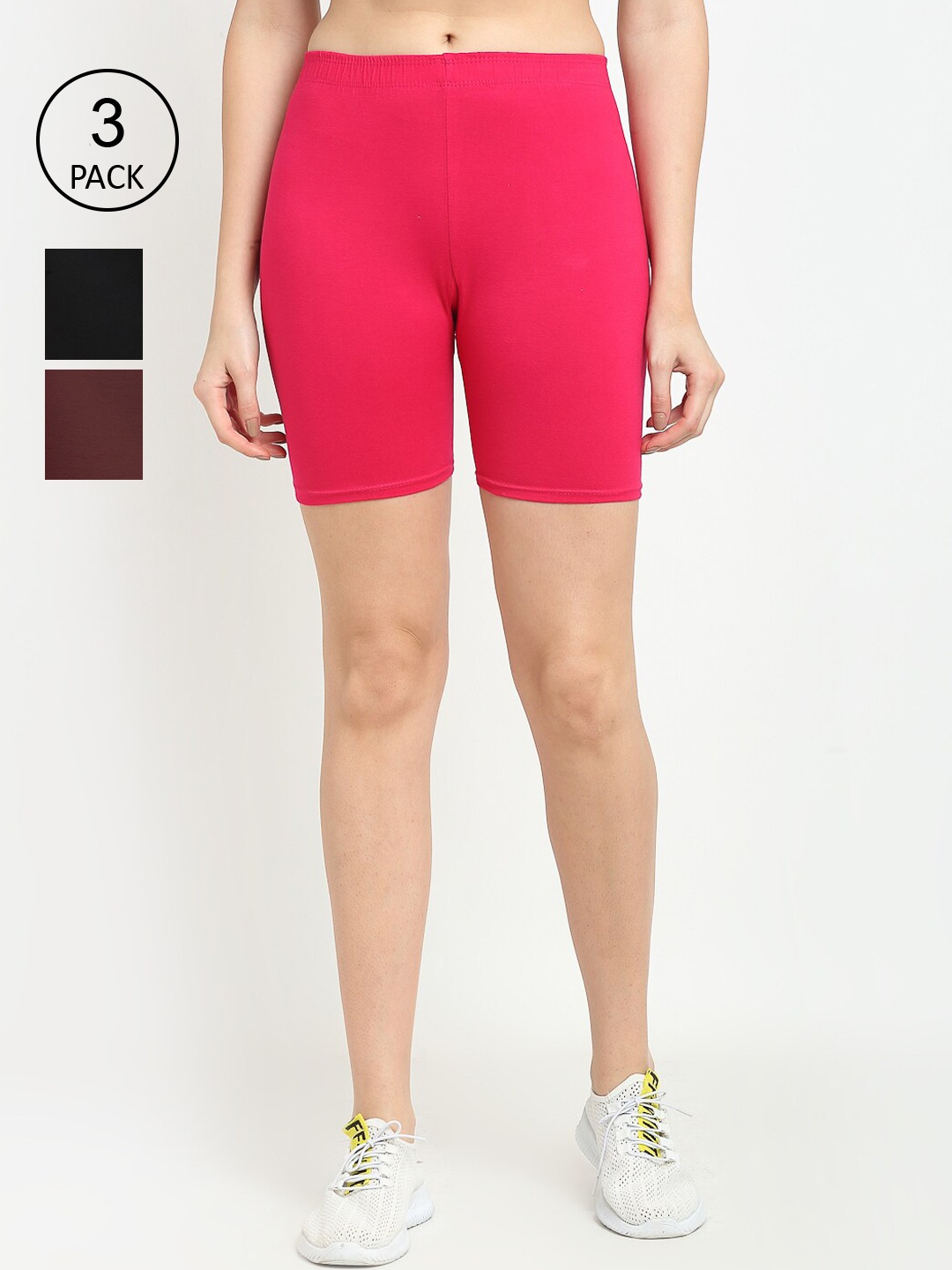 Jinfo Women Black & Pink Set of 3 Solid Cycling Sports Shorts