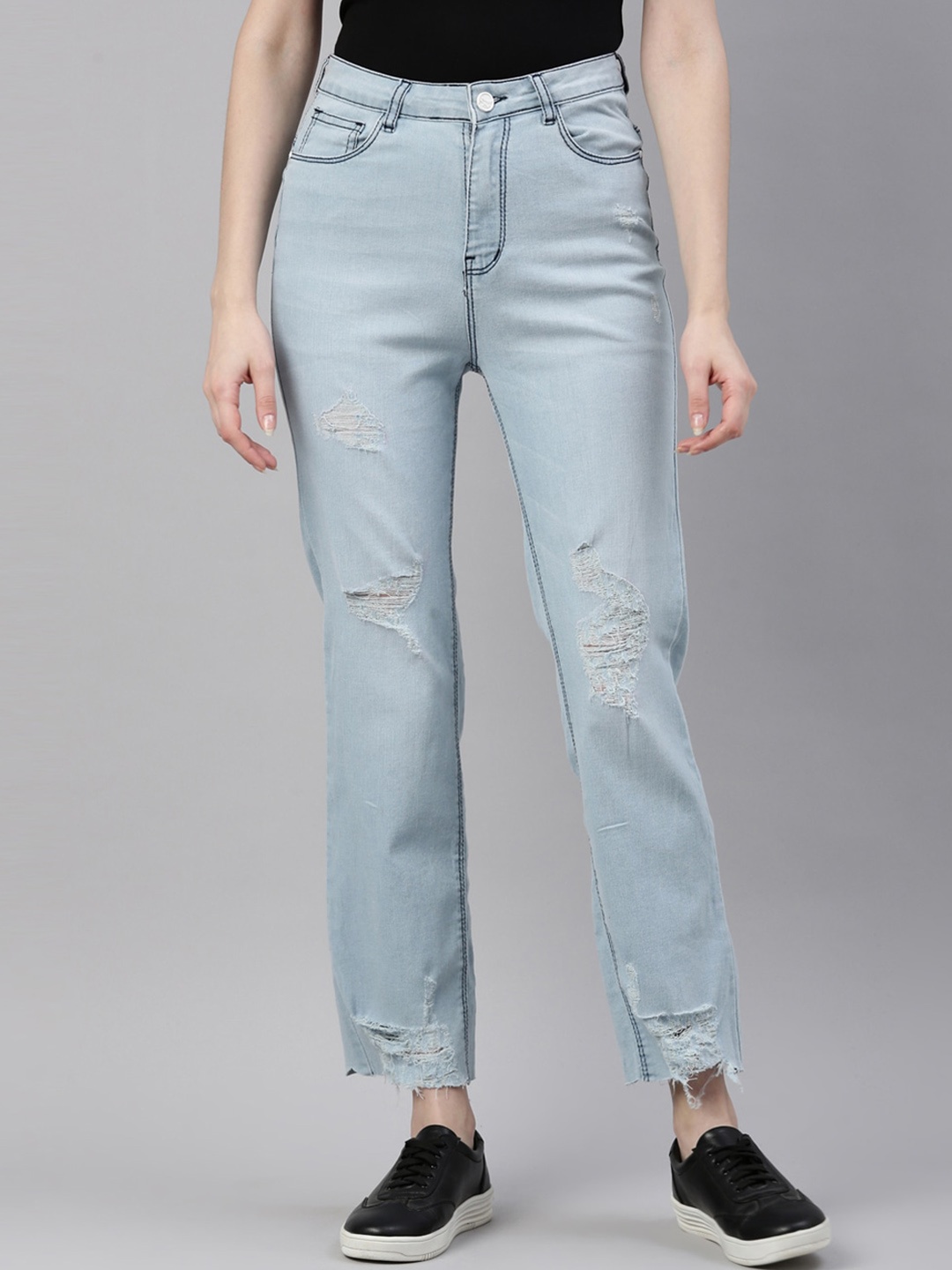 

ZHEIA Women Blue High-Rise Mildly Distressed Light Fade Stretchable Jeans