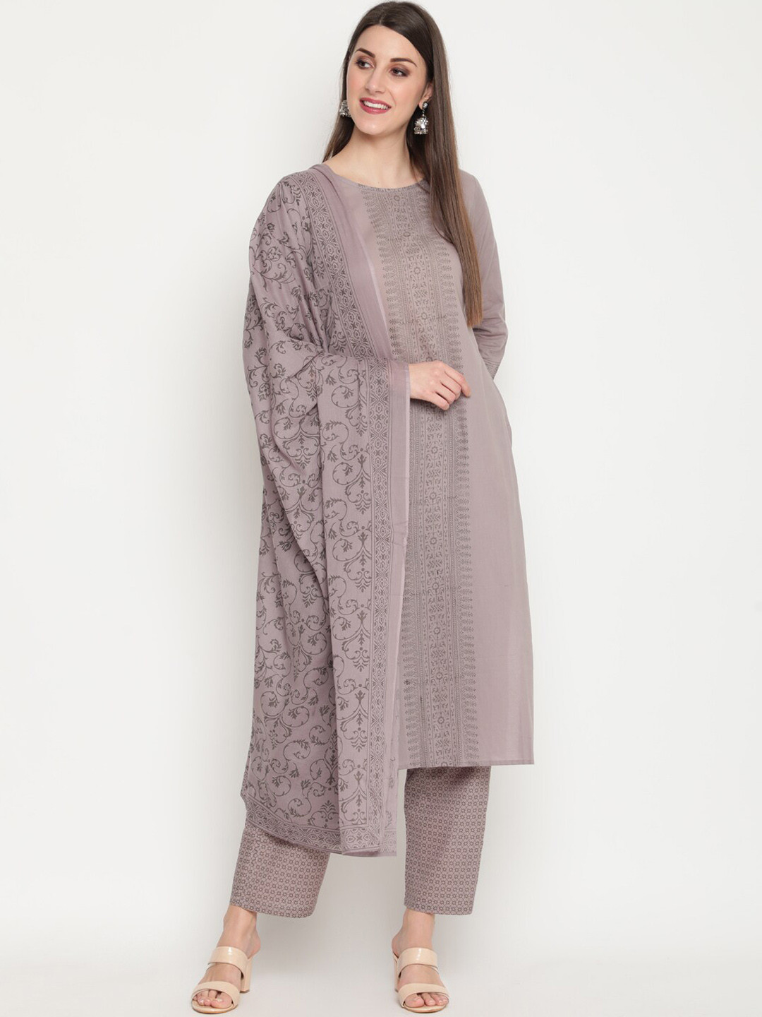 

THE NKS PLUS Women Grey Printed Pure Cotton Kurta with Trousers & With Dupatta