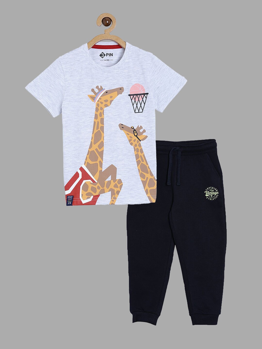 

3PIN Boys Grey & Navy Blue Printed Pure Cotton T-shirt with Joggers