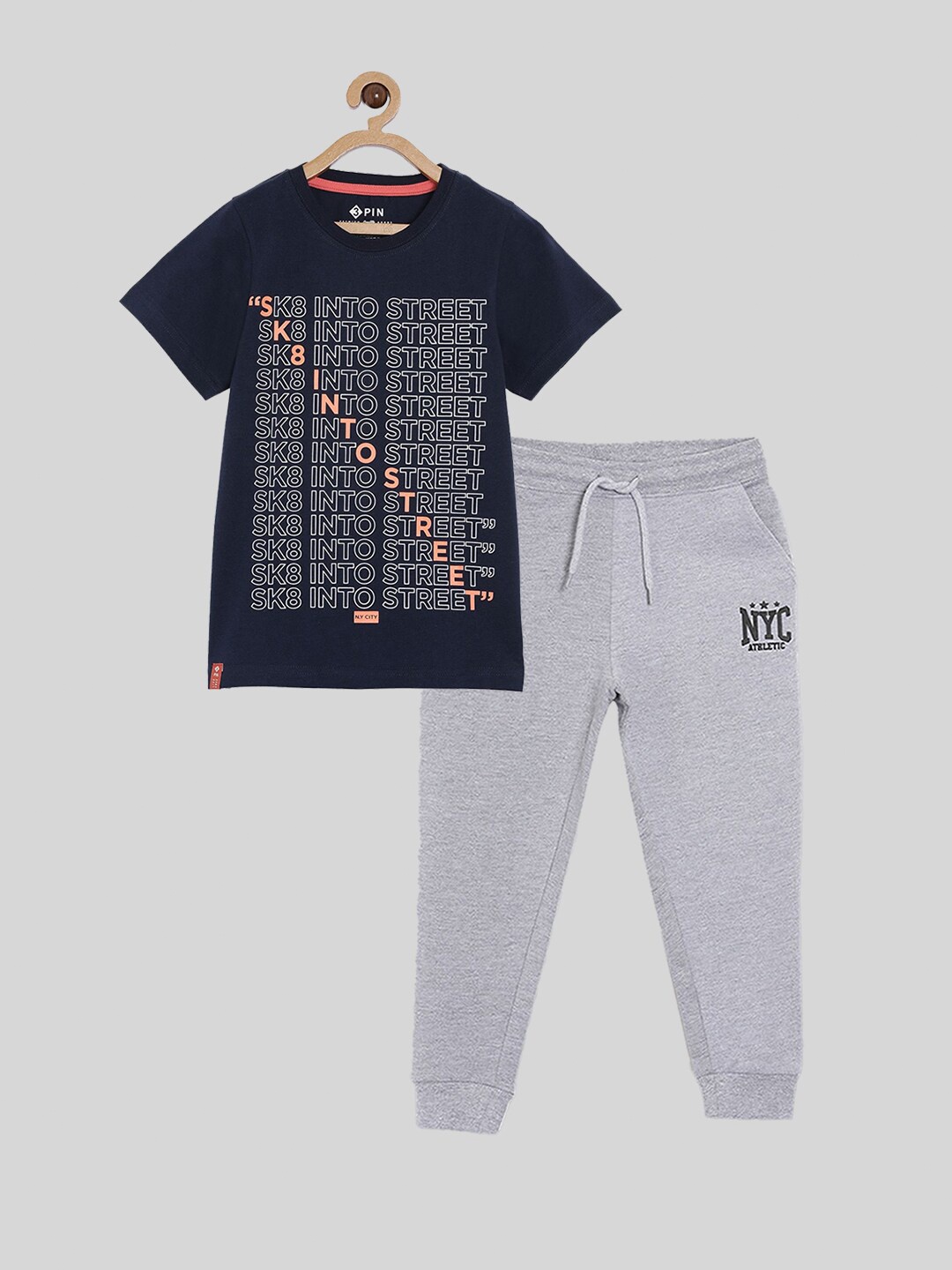 

3PIN Boys Navy Blue & Grey Printed Pure Cotton T-shirt with Joggers