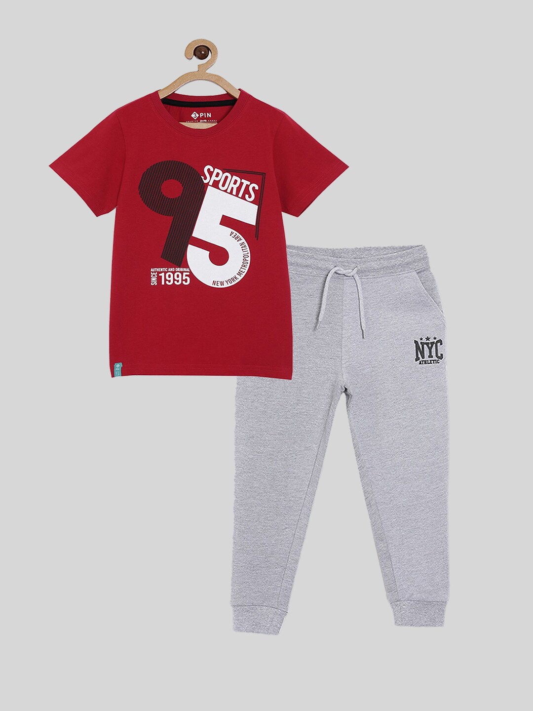 

3PIN Boys Maroon & Grey Printed Pure Cotton T-shirt with Joggers