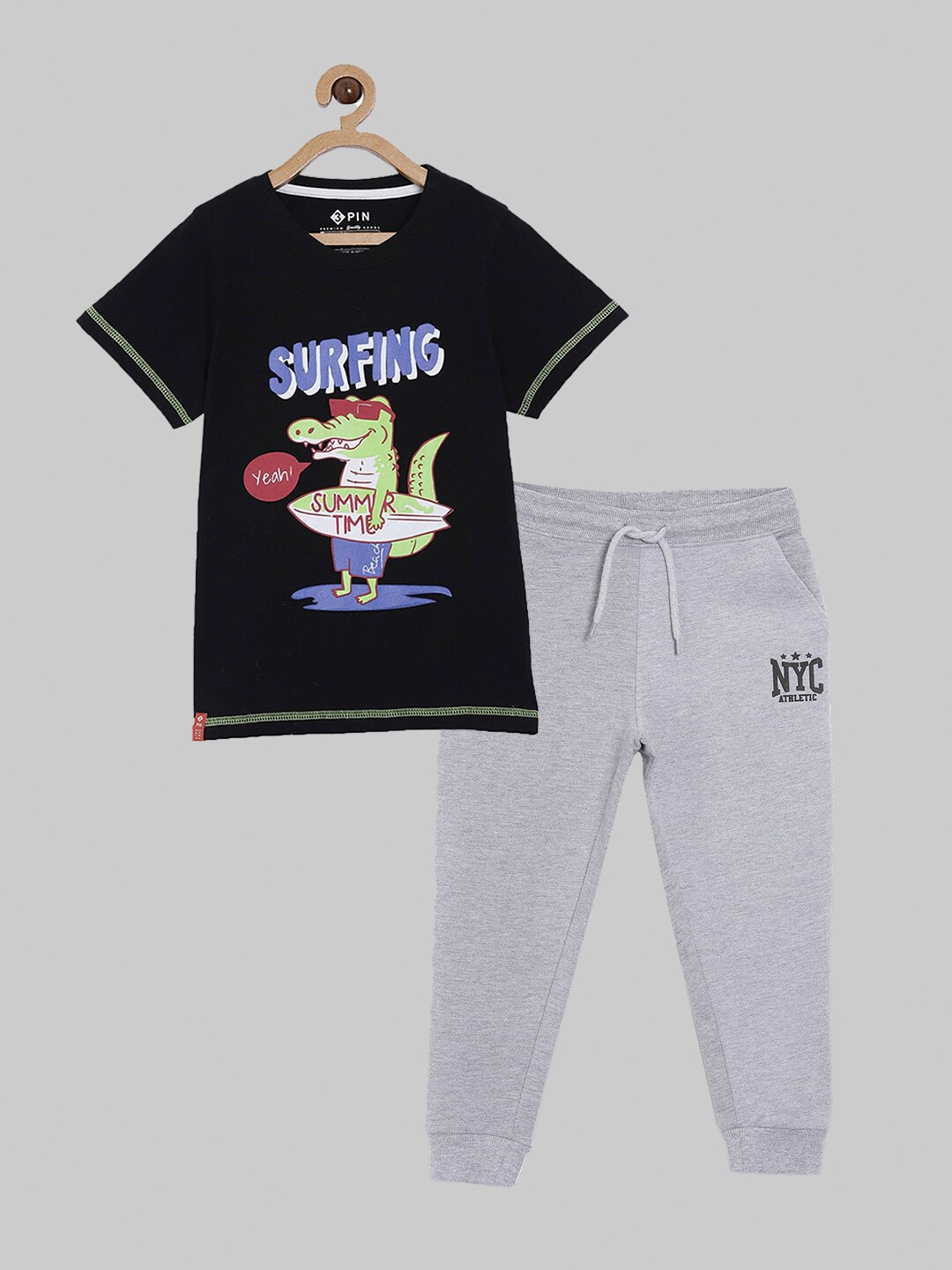 

3PIN Boys Black & Grey Printed Pure Cotton T-shirt with Trousers