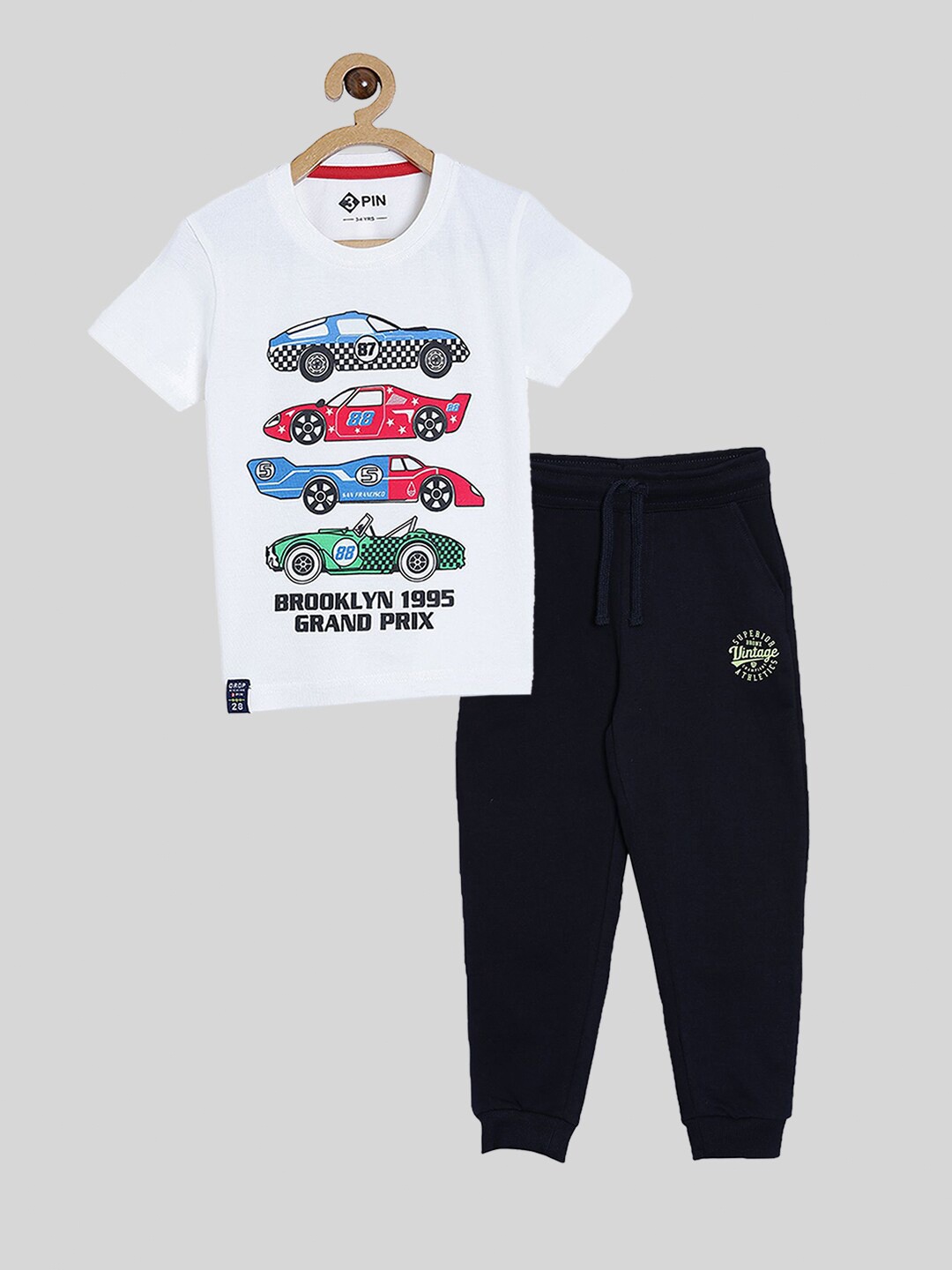 

3PIN Boys White & Black Printed Cotton T-shirt with Trousers