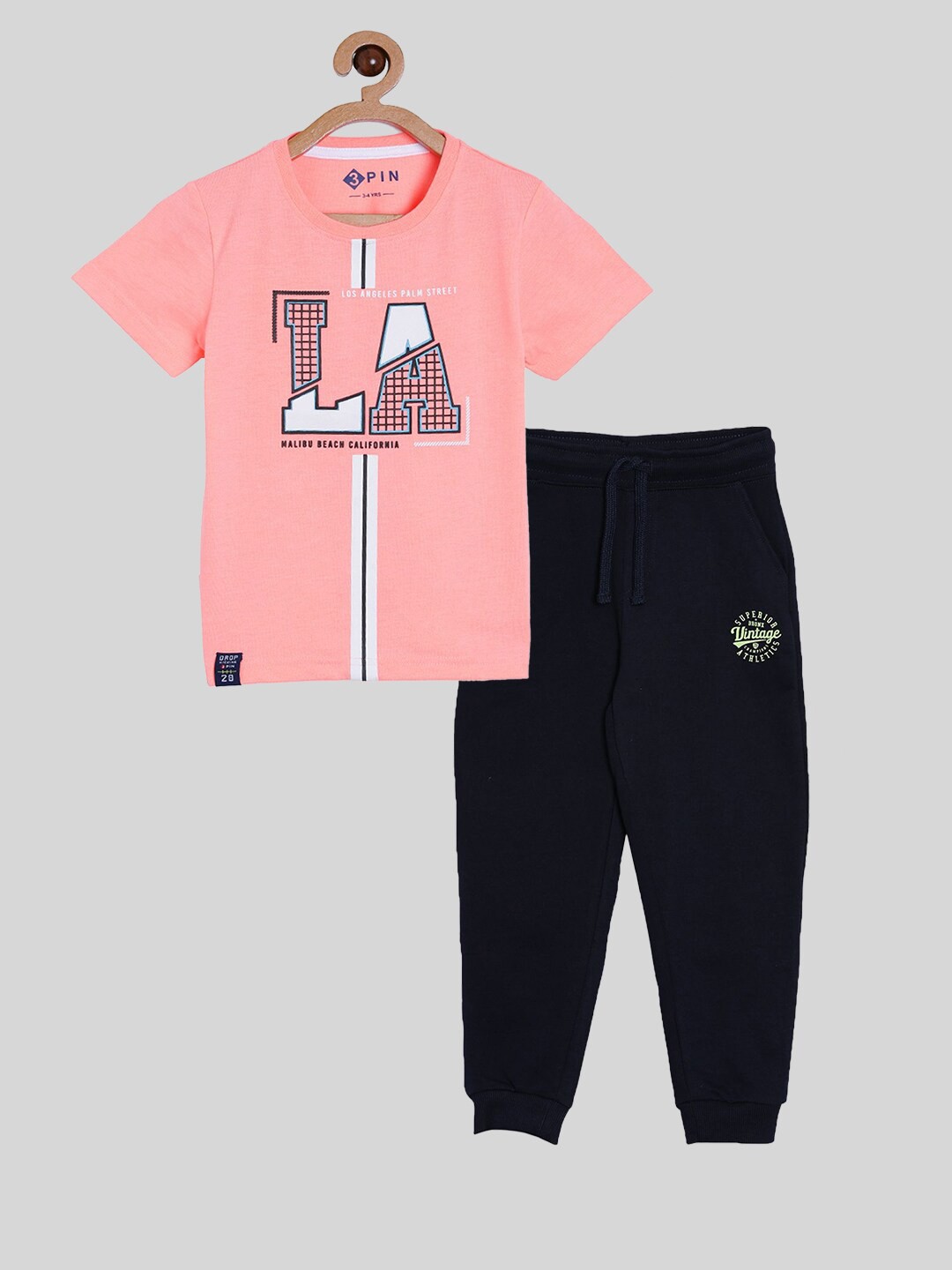 

3PIN Boys Peach-Coloured & Navy Blue Printed T-shirt with Trousers