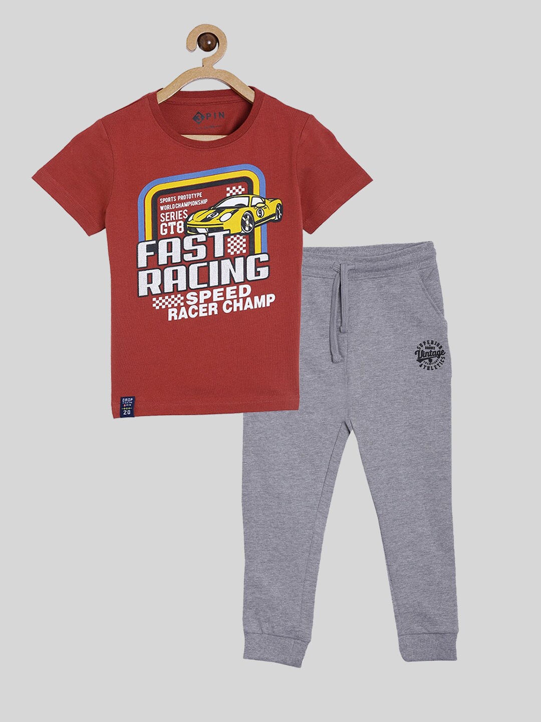 

3PIN Boys Red & Grey Printed Pure Cotton T-shirt with Joggers