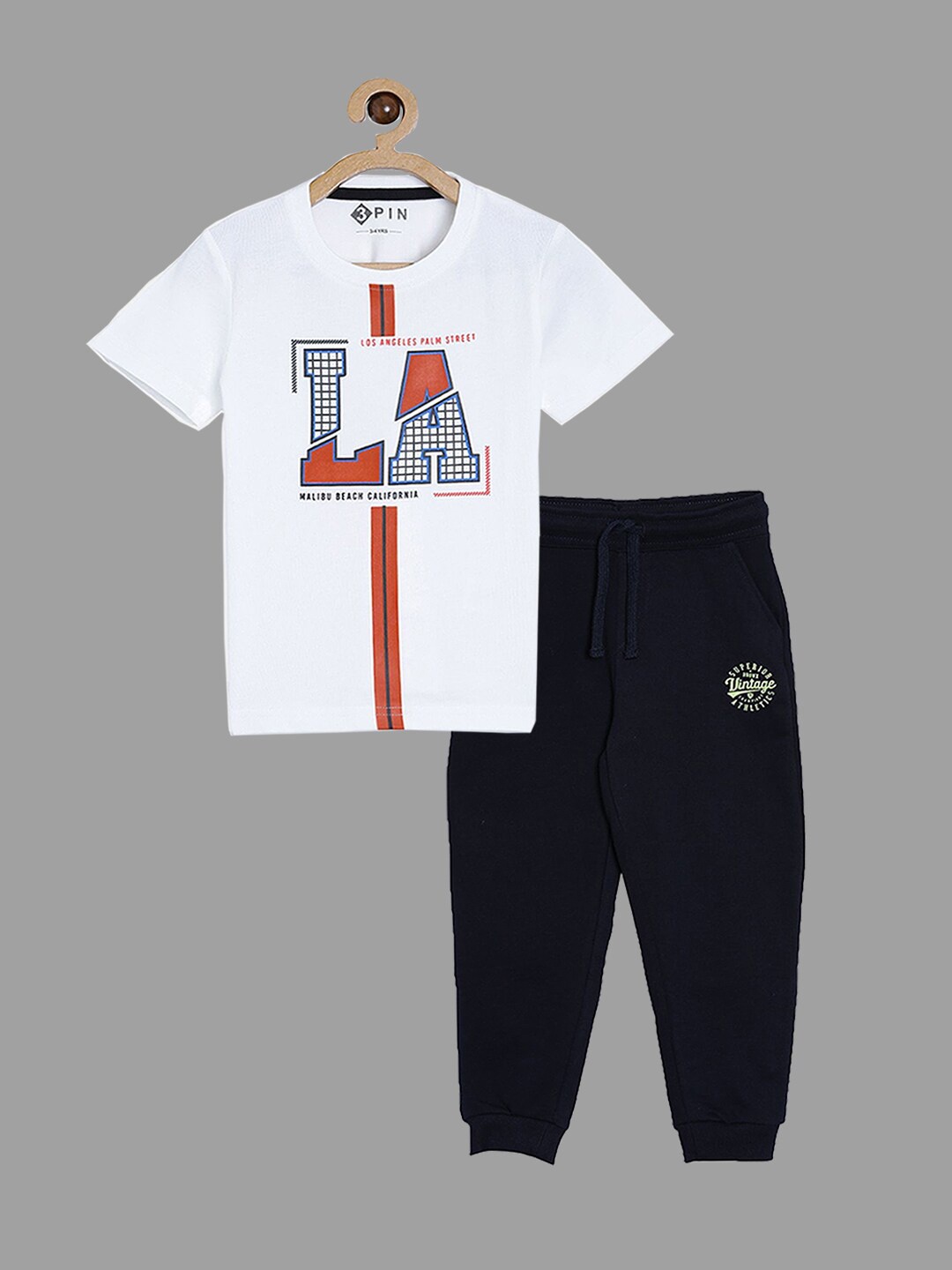 

3PIN Boys White & Navy Blue Printed T-shirt with Trousers