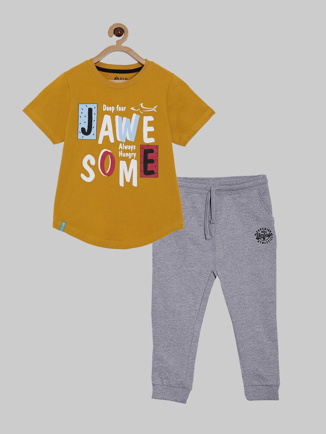 

3PIN Boys Yellow & Grey Printed Pure Cotton T-shirt with Trousers