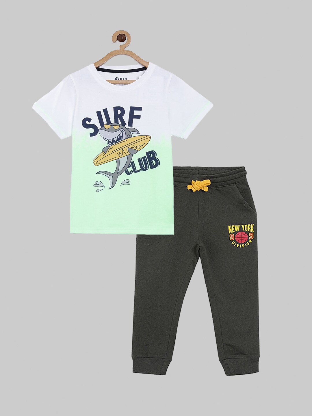 

3PIN Boys White & Olive Green Printed Cotton T-shirt with Trousers