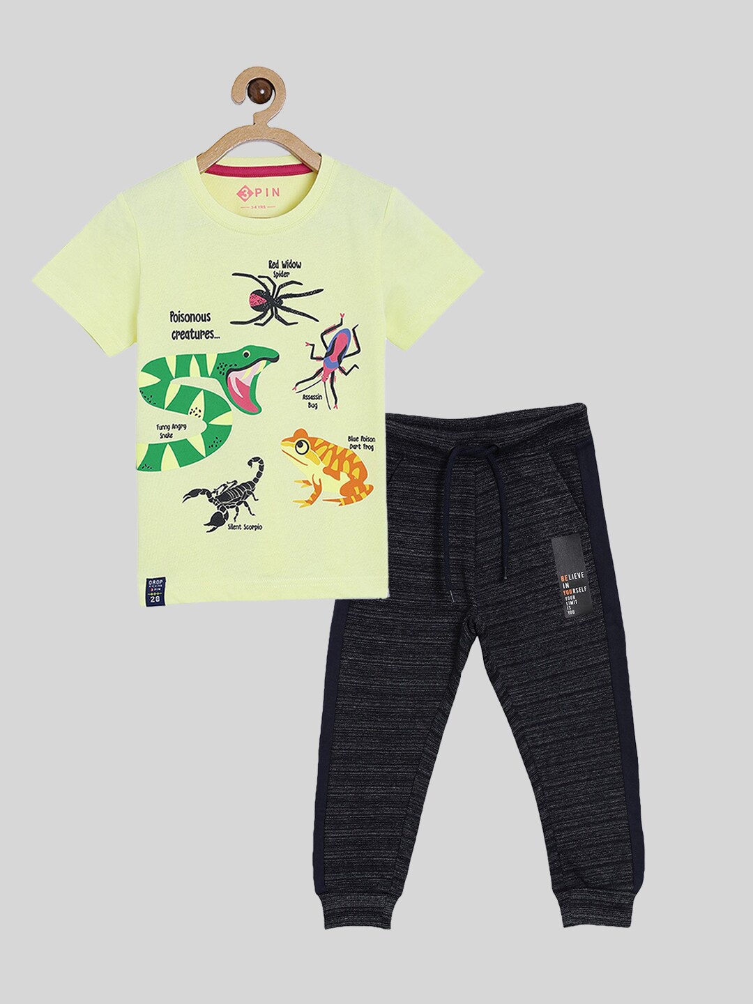 

3PIN Boys Yellow & Navy Blue Printed 2 Piece Cotton T-shirt Jogger Clothing Set