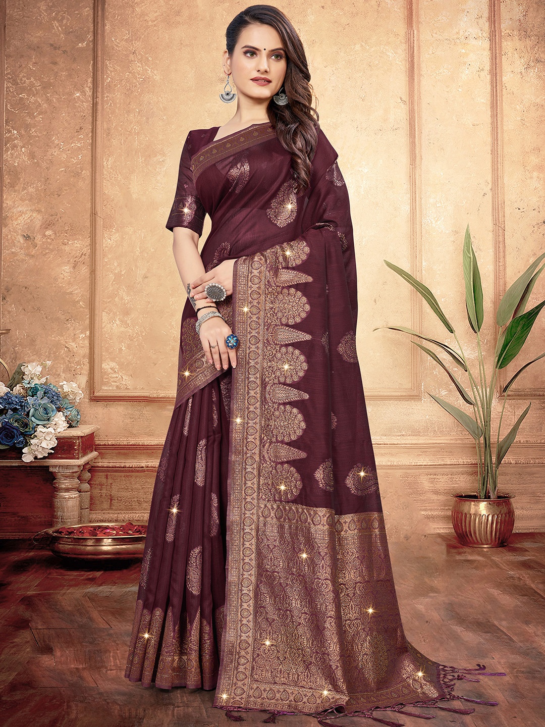 

Inddus Burgundy Paisley Beads and Stones Banarasi Saree