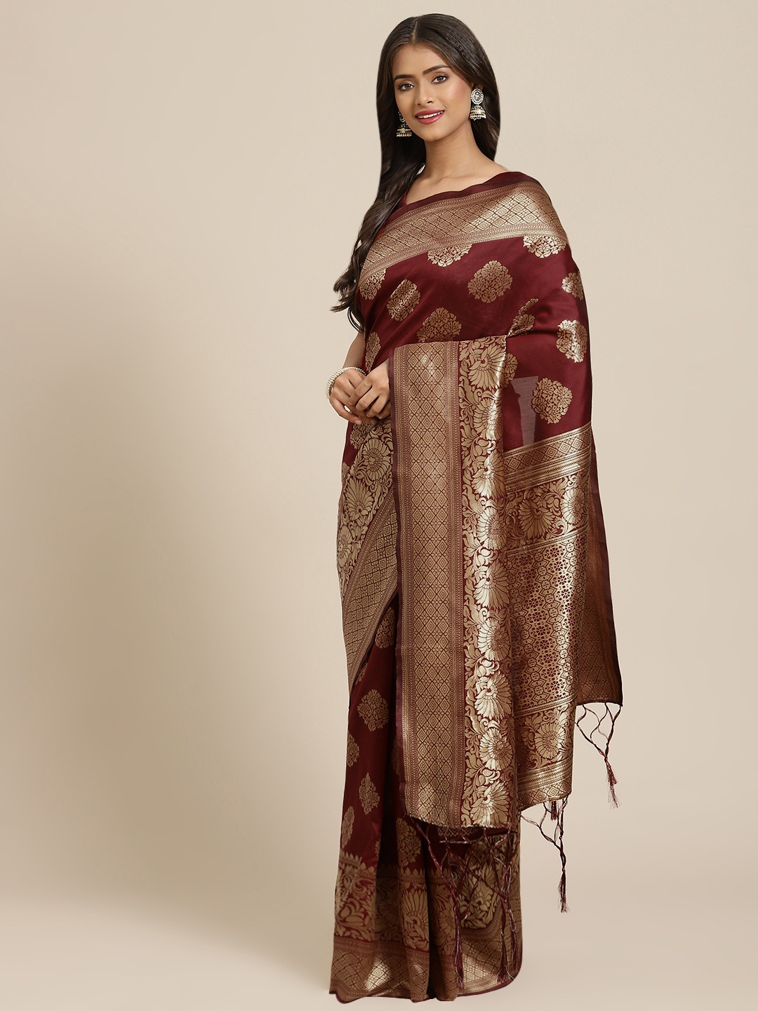 

Inddus Maroon Ethnic Motifs Zari Silk Blend Banarasi Saree
