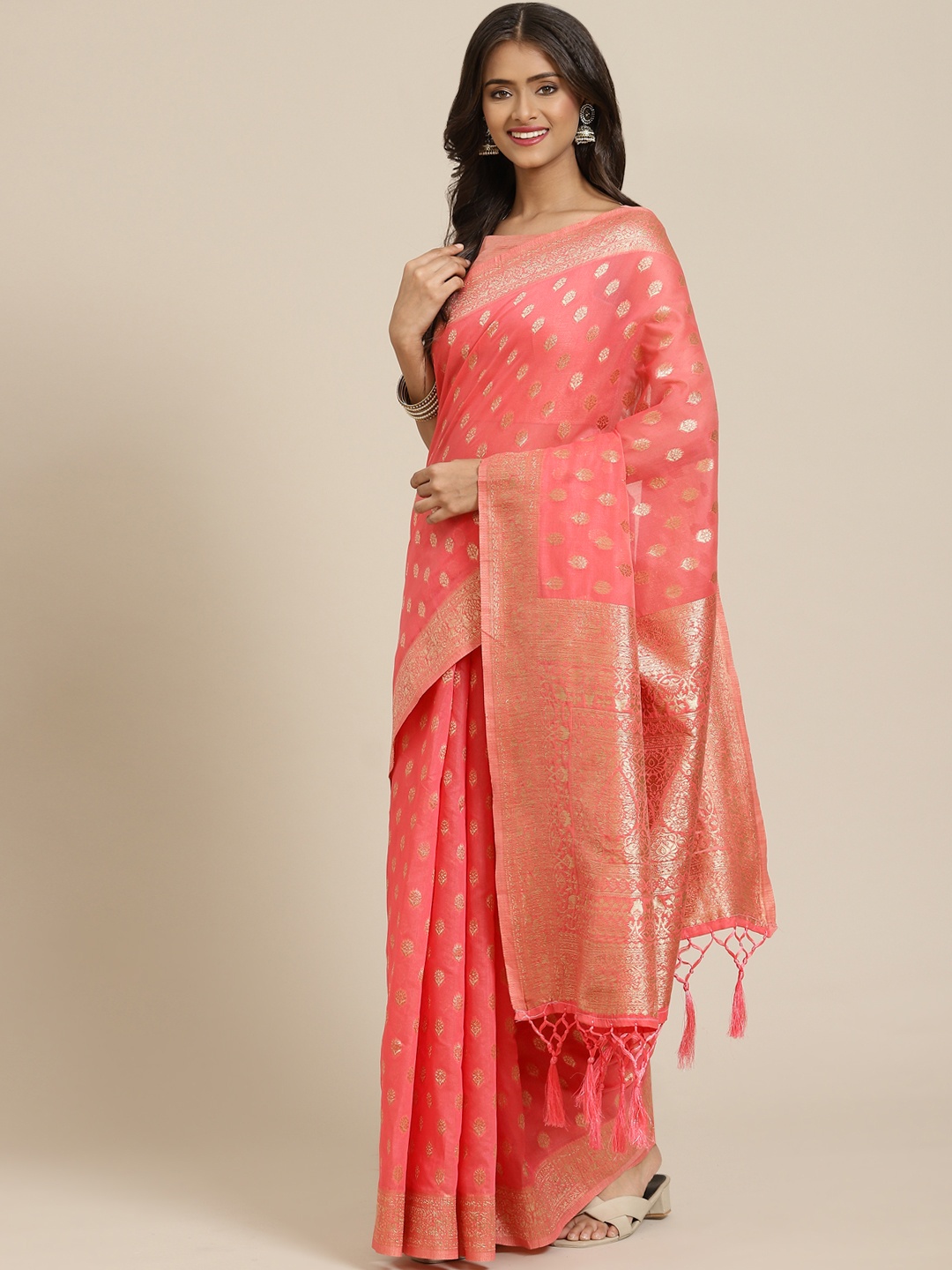 

Inddus Pink Woven Design Zari Banarasi Saree
