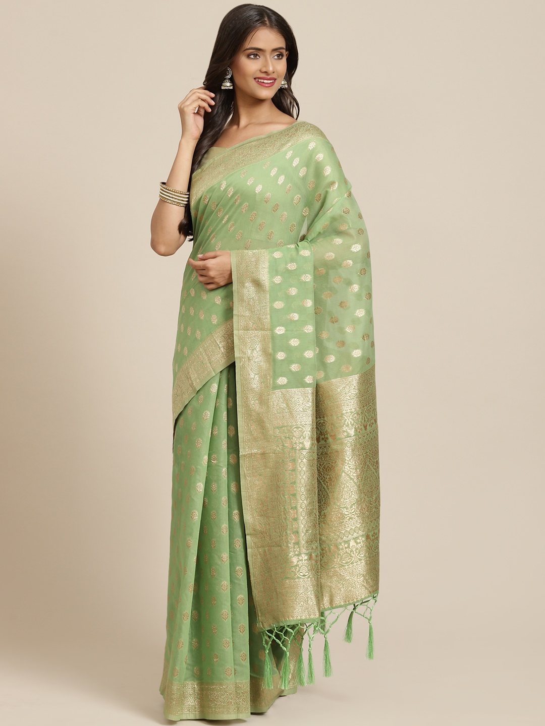 

Inddus Green Woven Design Zari Banarasi Saree