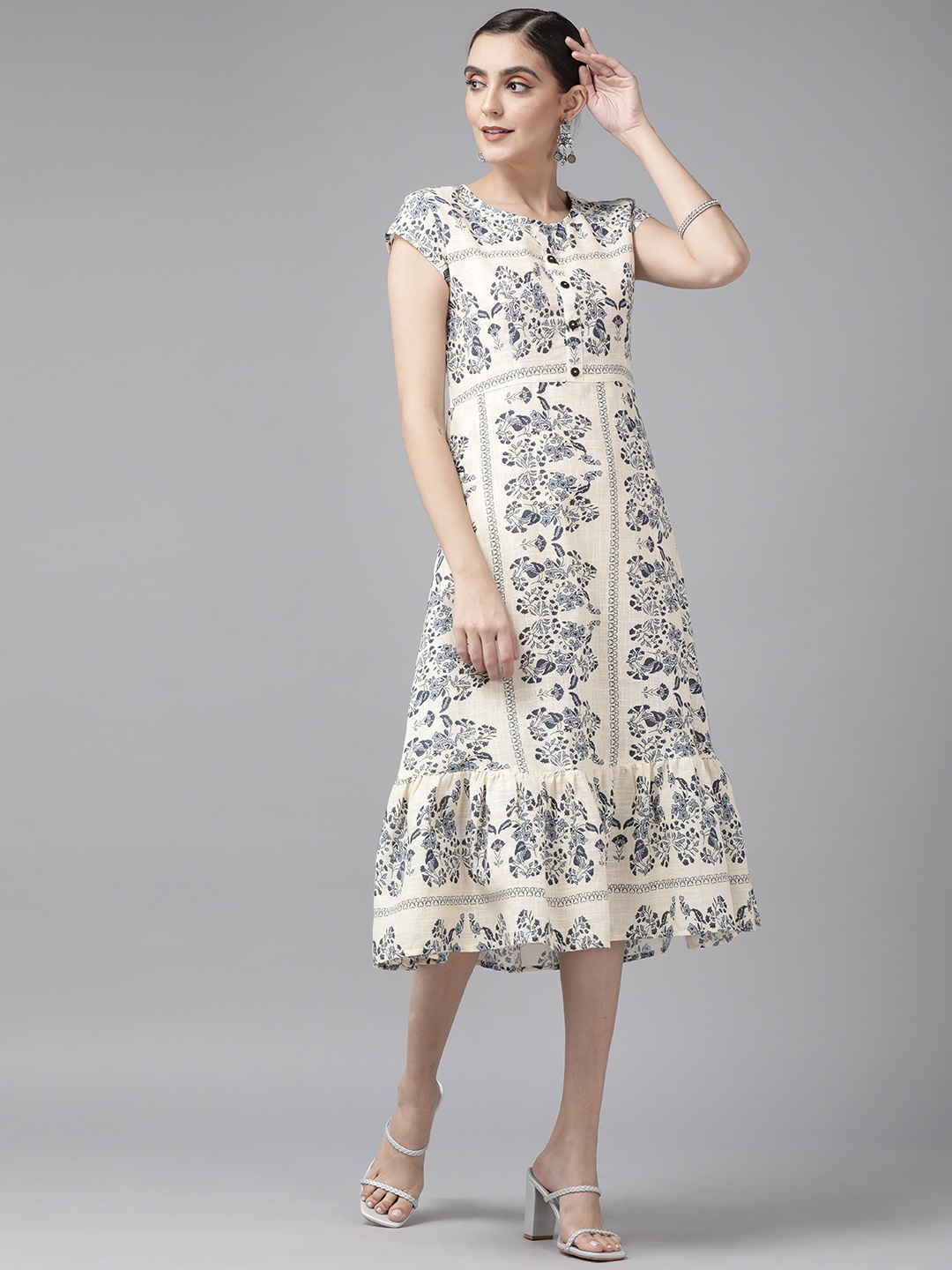 

Yufta Off White & Navy Blue Pure Cotton Floral Print A-Line Midi Dress