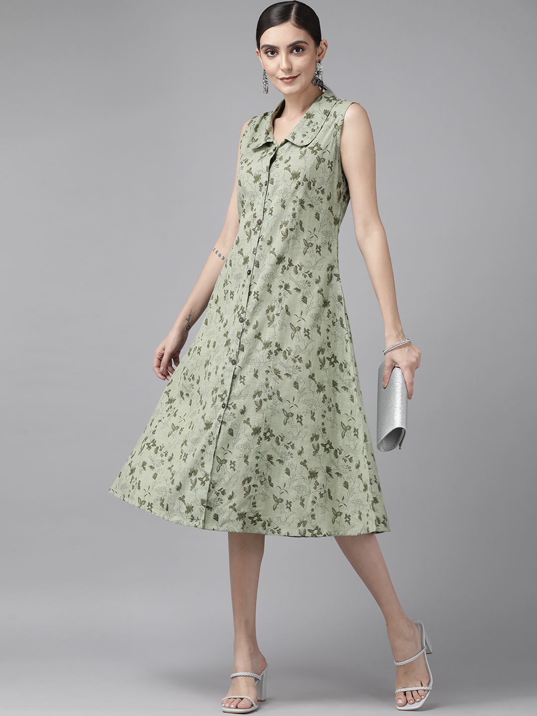 

Yufta Green Floral Print Shirt Midi Dress