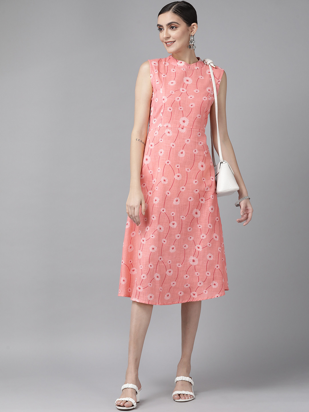 

Yufta Peach-Coloured Floral Print A-Line Midi Dress