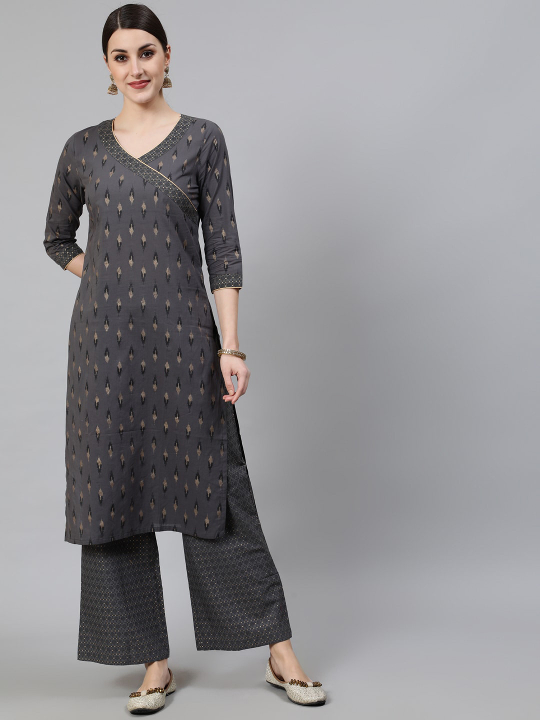 

Awadhi Women Charcoal Ethnic Motifs Printed Angrakha Pure Cotton Kurta with Palazzos