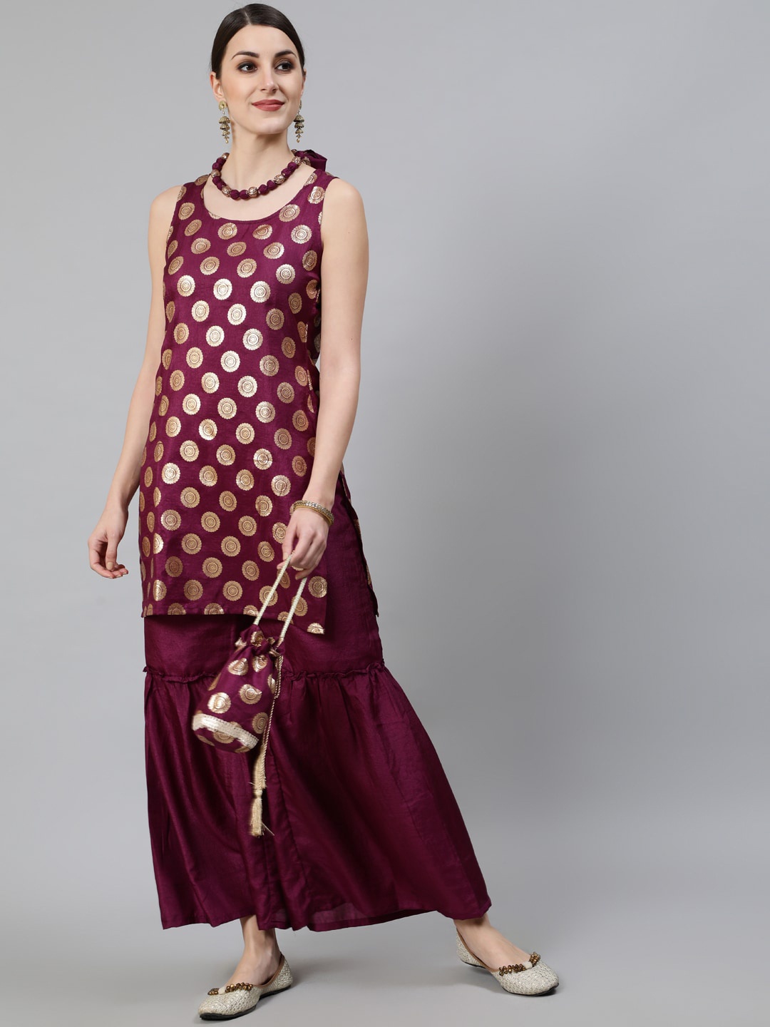 

Awadhi Women Burgundy & Gold Ethnic Motifs Printed Kurta with Sharara