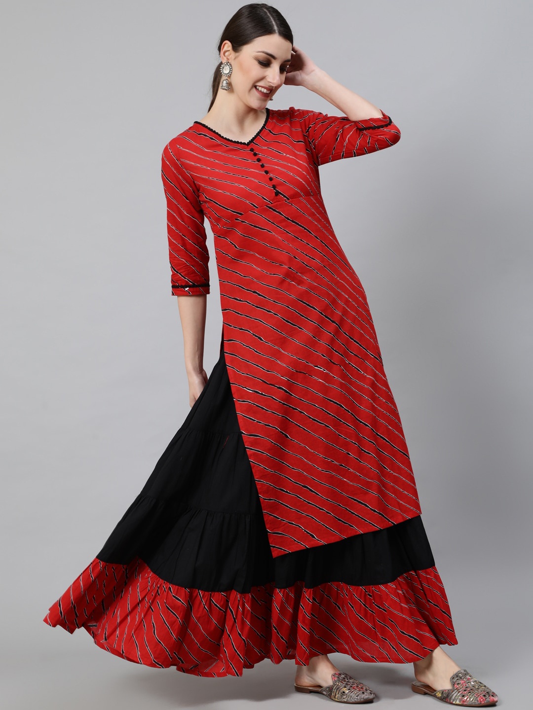 

Awadhi Women Red Printed Pure Cotton Kurta with Skirt