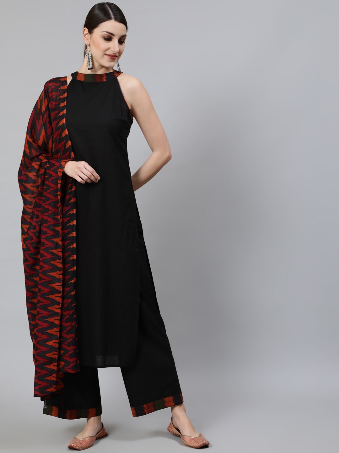 

Awadhi Women Black Pure Cotton Kurta with Trousers & With Dupatta