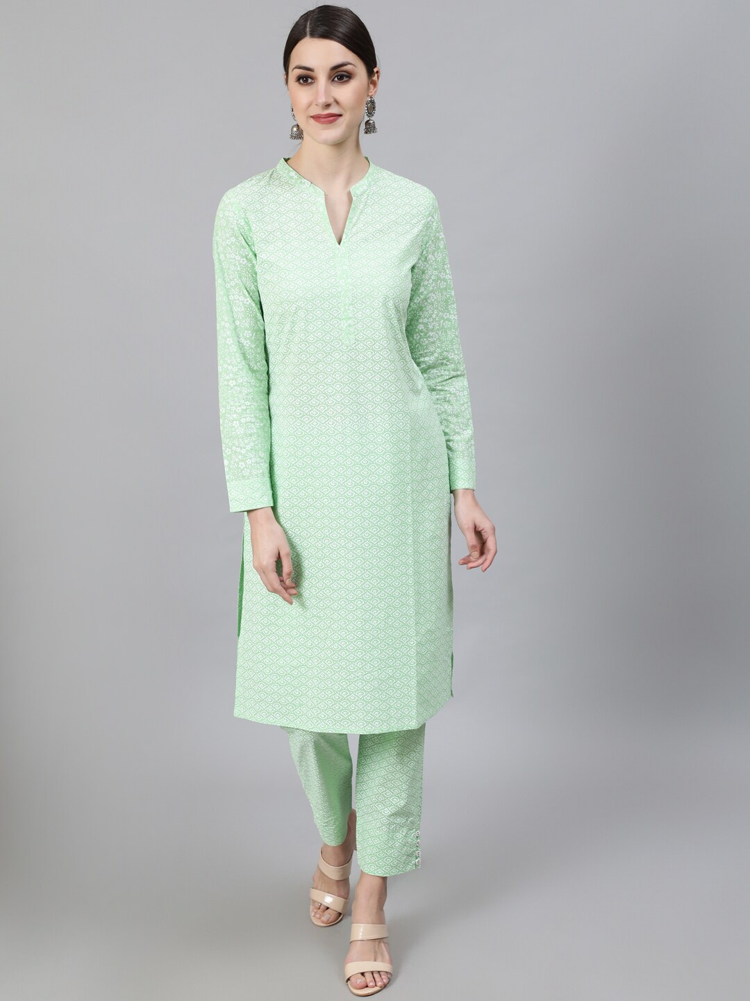 

Awadhi Women Sea Green Embroidered Pure Cotton Kurta with Trousers