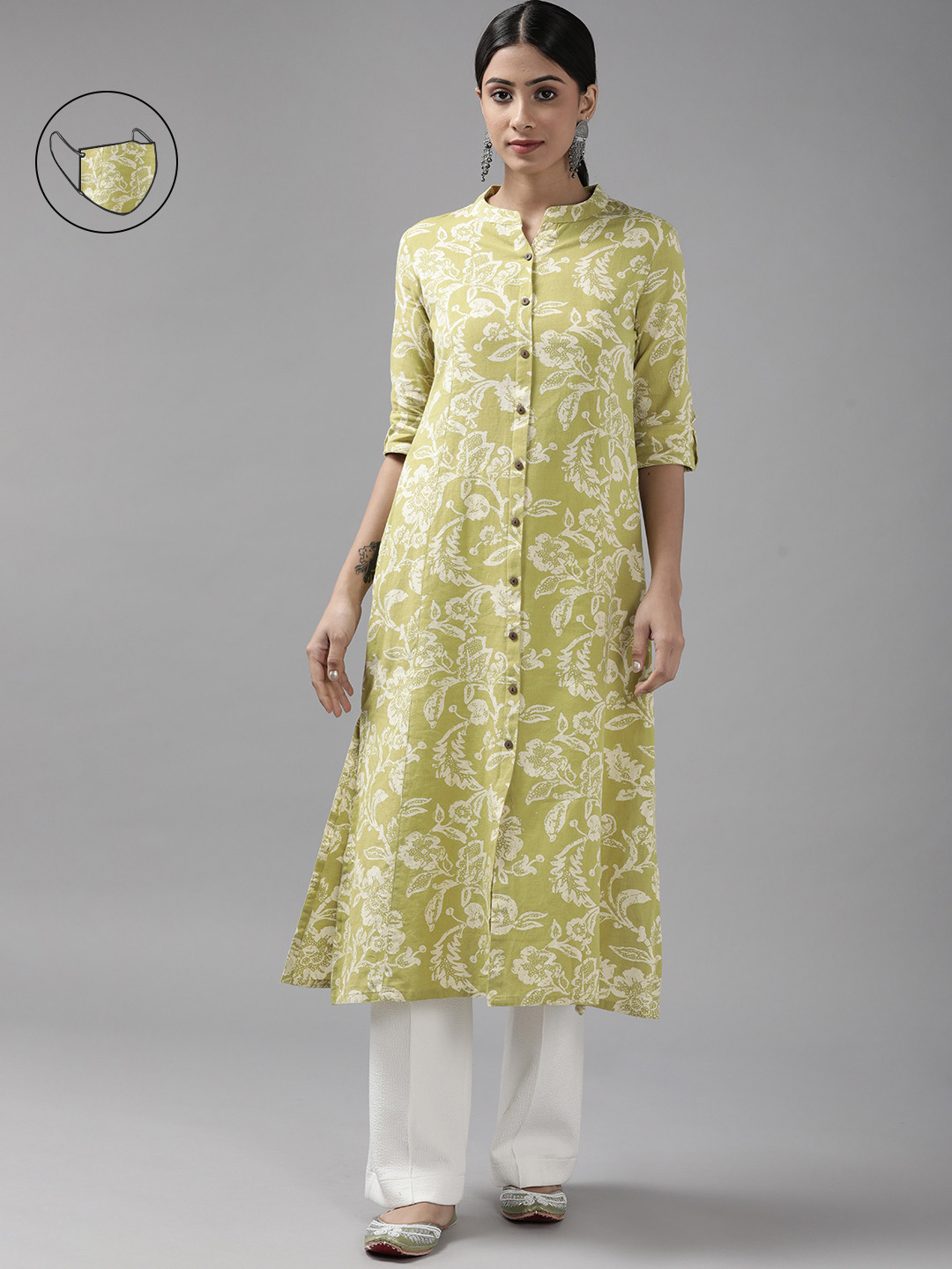 

Cayman Women Green & Beige Ethnic Motifs Printed Cotton Panelled Straight Kurta