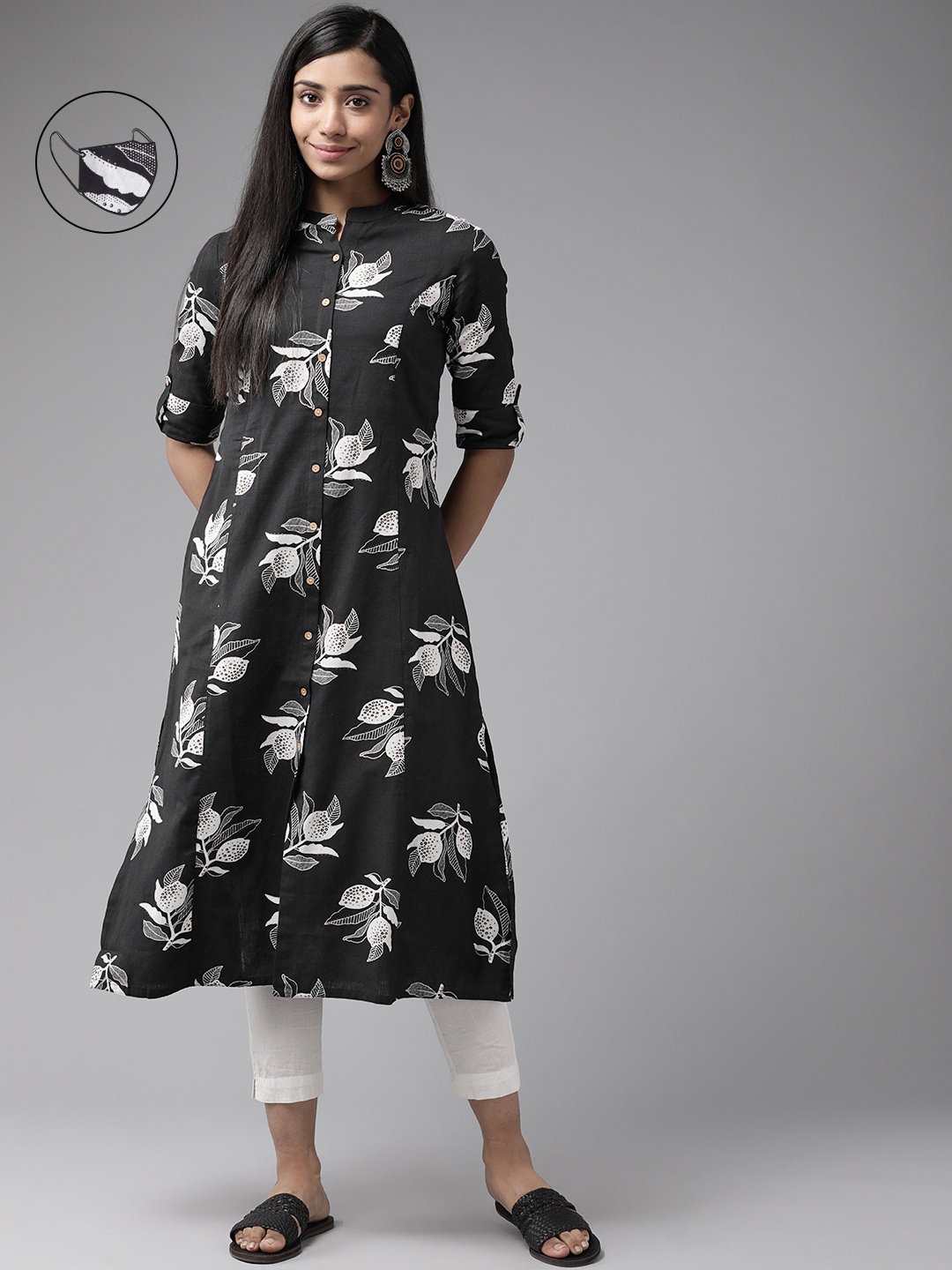 

Cayman Women Black Ethnic Motifs Printed Kurta with Mask