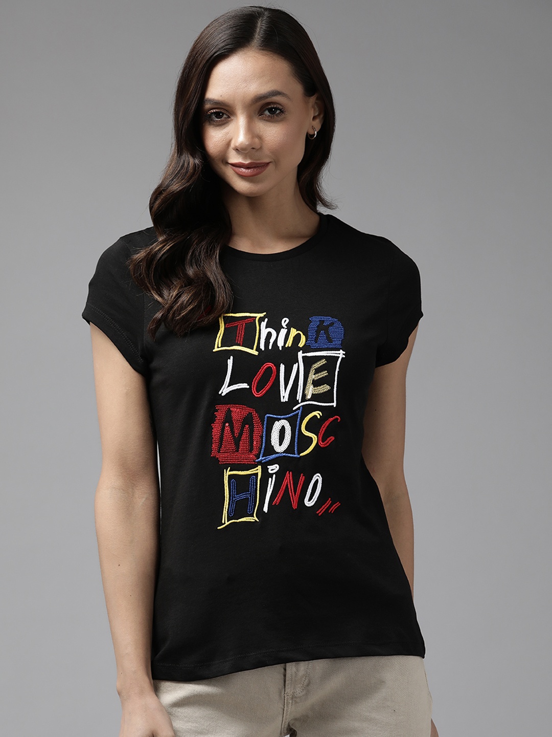 

Cayman Women Black Typography Printed T-shirt