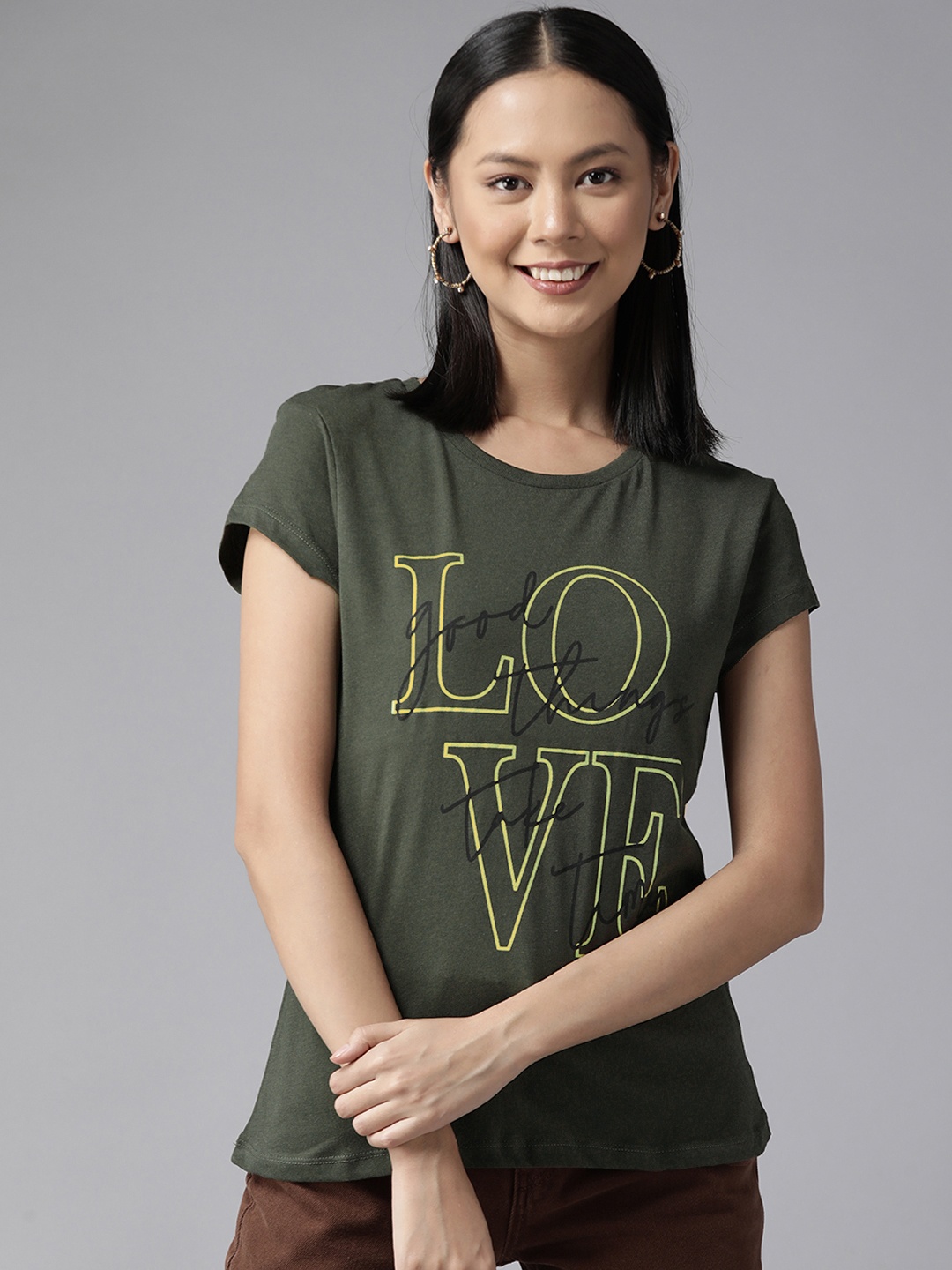 

Cayman Women Olive Green Typography Printed T-shirt