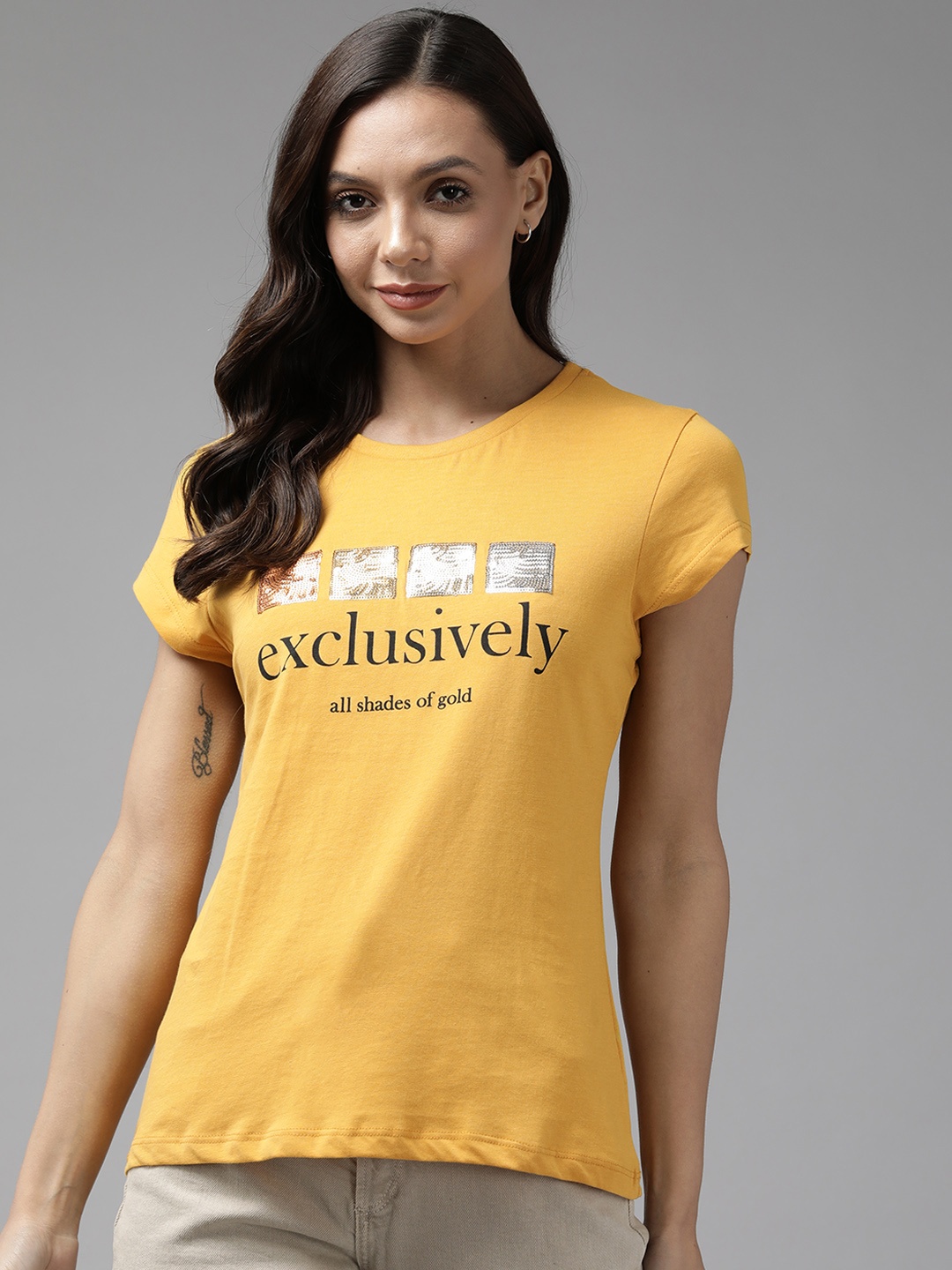 

Cayman Women Mustard Yellow Typography Printed T-shirt
