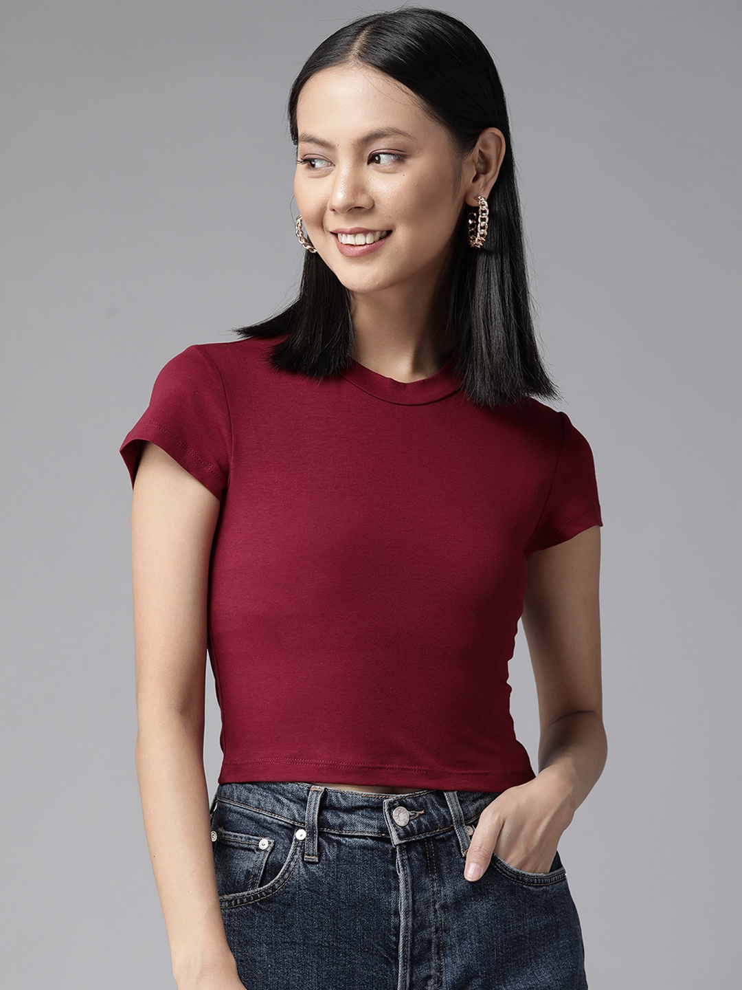 

Cayman Women Burgundy Solid Crop T-shirt