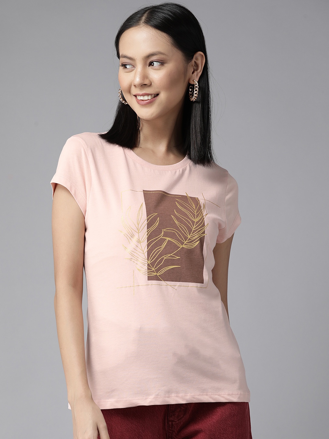 

Cayman Women Peach-Coloured & Brown Printed T-shirt