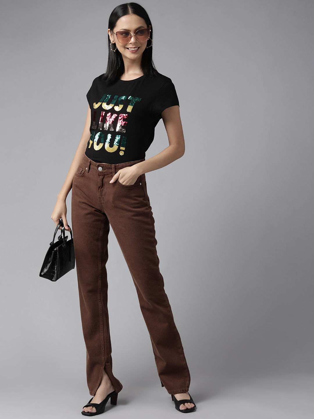 

Cayman Women Black Typography Sequined T-shirt