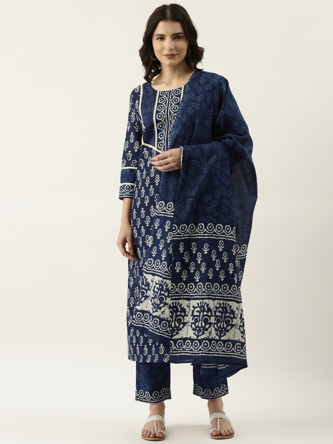 

RangDeep Women Navy Blue & Off-White Ethnic Printed Cotton Kurta with Trousers & Dupatta