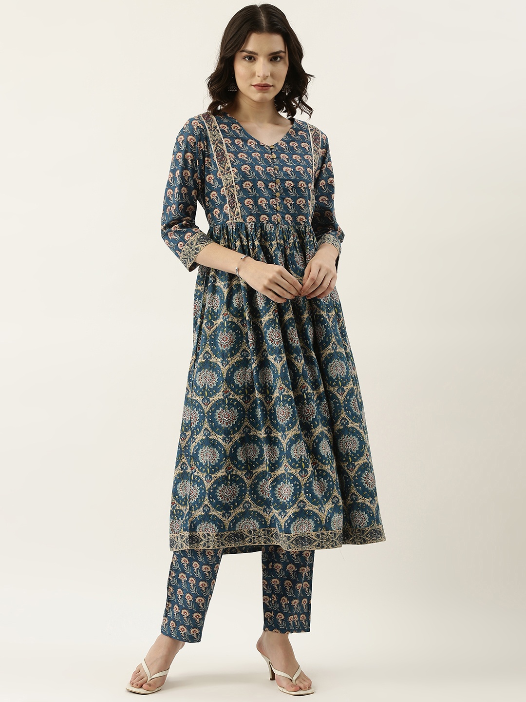 

RangDeep Women Blue & Beige Ethnic Motif Printed Pure Cotton Kurta with Trousers