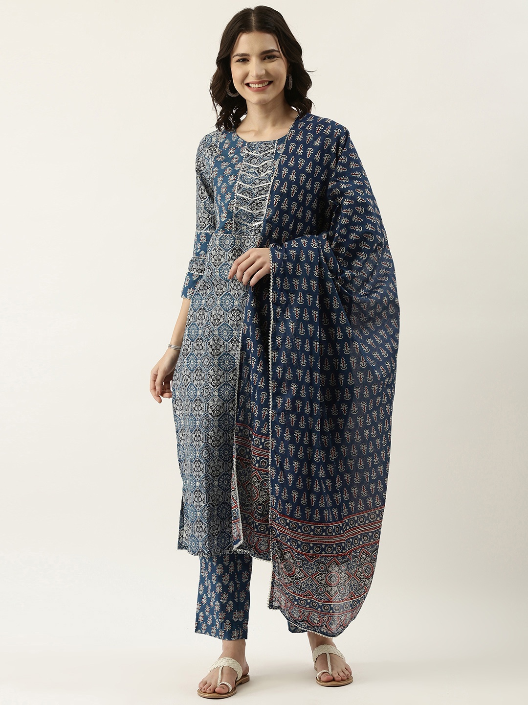 

RangDeep Women Blue & White Ethnic Print Gotta Patti Cotton Kurta with Trousers & Dupatta