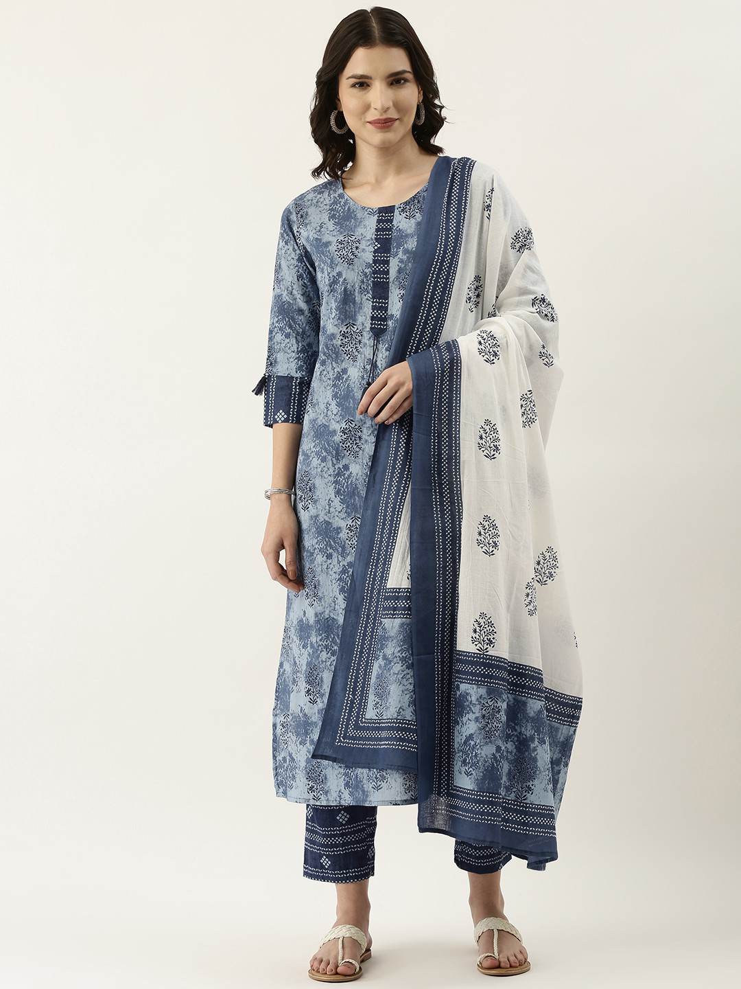 

RangDeep Women Blue & White Ethnic Printed Pure Cotton Kurta with Trousers & Dupatta