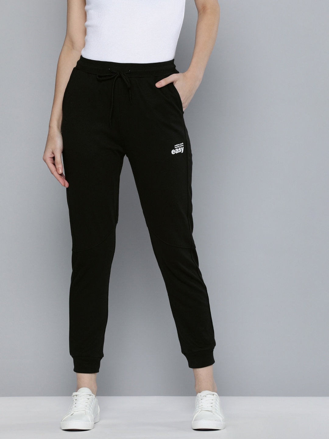

M&H Easy Women Black Brand Logo Printed Slim Fit Joggers