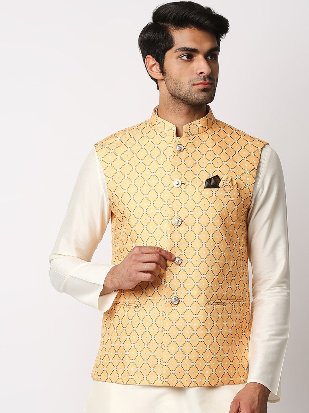 

MEWAR Men Yellow & White Printed Woven Nehru Jacket