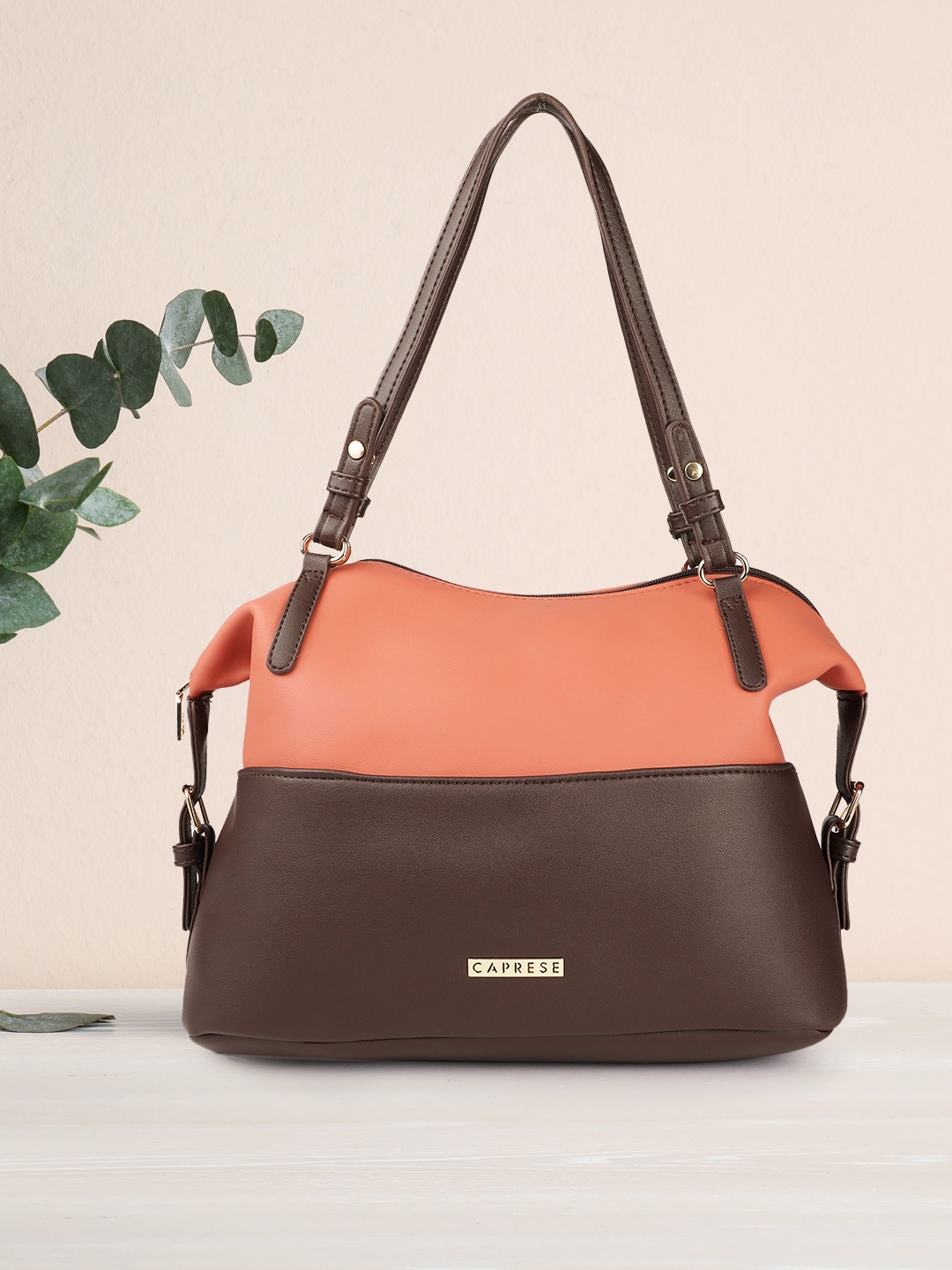 

Caprese Peach-Coloured and Brown Colourblocked Leather Structured Shoulder Bag