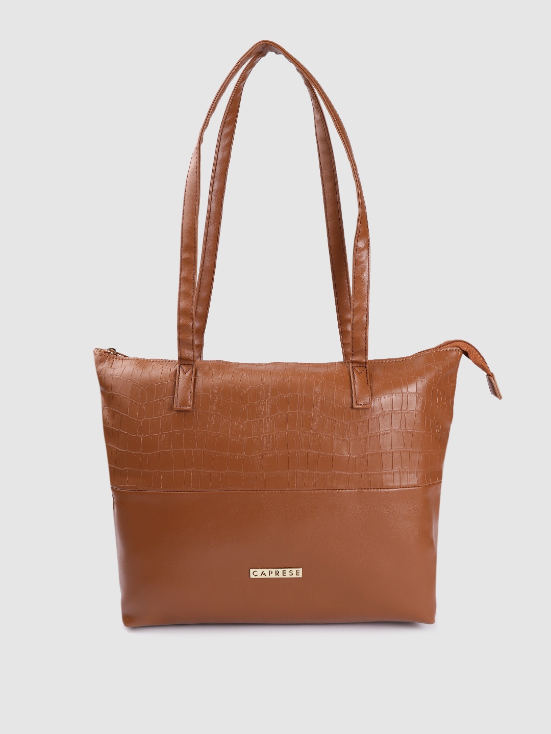 Caprese Women Brown Croc-Textured Leather Oversized Shopper Tote Bag